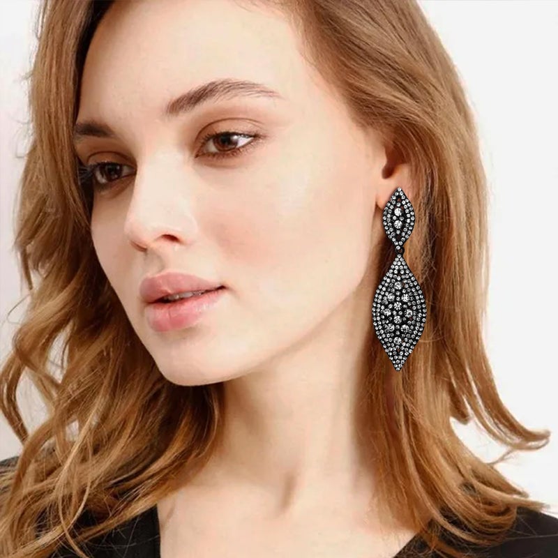 Flyonce Women's Rhinestone Crystal Wedding Bridal 2 Leaf Drop Dangle Chandelier Earrings Clear Black-Tone - Image 3